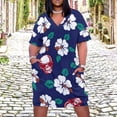 thumbnail image 2 of Skulls Hibiscuses Navy Blue Floral Print Summer Sundress for Curve Women Casual Pattern Plus Size V Neck Short Sleeve Loose Fit Oversize Dresses, 2 of 5