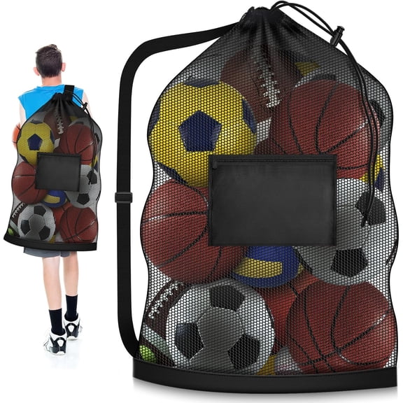 Extra Large Soccer Ball Bag, 40" x 30" Drawstring Mesh Ball Bag with Pocket, Heavy Duty Sport Net Sack for Coaches, Storage Bag for Basketball, Volleyball, Gym Equipment, Swimming Gear