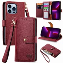 For iPhone 13 Pro Max Leather Phone Case Wallet Zipper Pocket Pouch Folio Flip Cover Kickstand, Multi Anti-theft Card Holder Cash Slot, Double Magnetic Buckle, Wrist Lanyard,Red,For iPhone 13 Pro Max