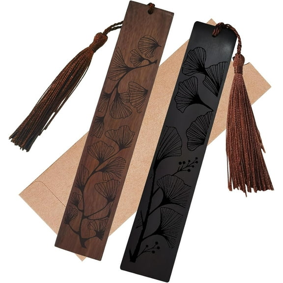 2Pcs Wooden Bookmarks Ginkgo Leaf Carving Bookmark Wood Tags Rectangle Shape Personalized Decoration with Tassels Pendant for Book Lovers Readers Ideal for Birthday Present 5.8x1.1in diy