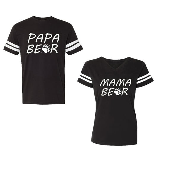 Papa Mama BearUnisex Couple Matching Cotton Jersey style T-Shirt Contrasting stripes on sleeves (Men Black / Women Black) (Men S / Women S)