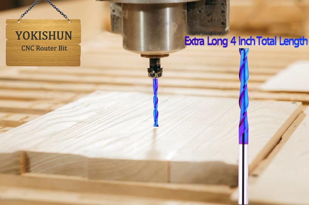 ABPETE Extra Long 4 Inch Upcut Spiral CNC Router Bit 1/4 Inch Shank,2 Inch Cutting Length Solid Carbide with NACO Coating End Mill for Wood Cut, Trimming, Carving,Engraving