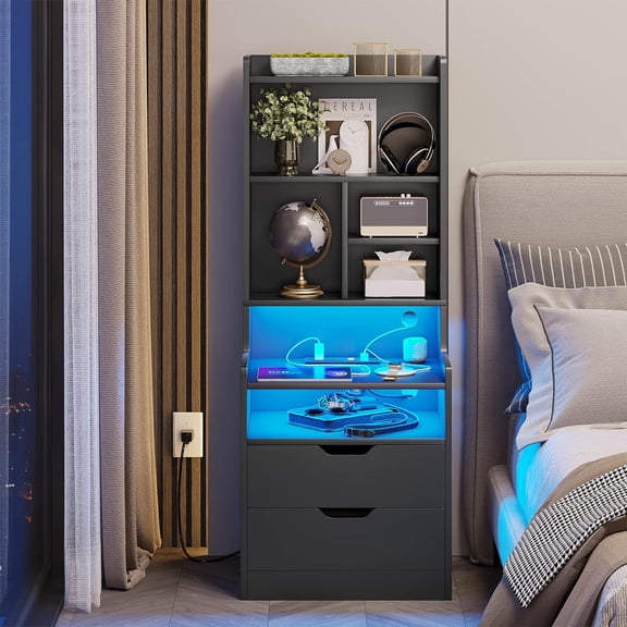 Tall Nightstand with LED Lights and Charging Station, LED Black Nightstand with Shelves and 2 Drawers, Bedside Table with Bookshelf, Tall Side End Table with Storage