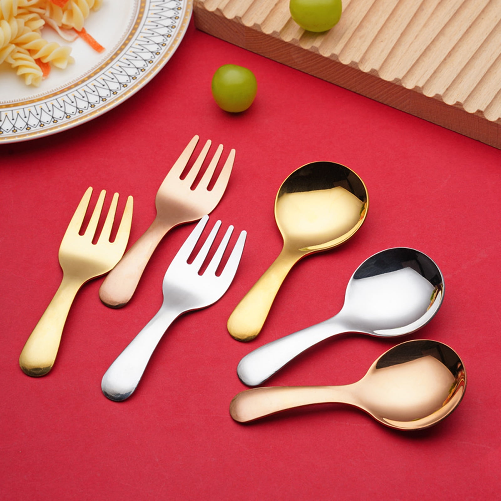Ludlz Stainless Steel Baby Spoon Fork Short Handle Mirror Polished Food Grade Mini Ice Cream Dessert Tea Soup Scoop Scooper Kitchen Cutlery Utensils