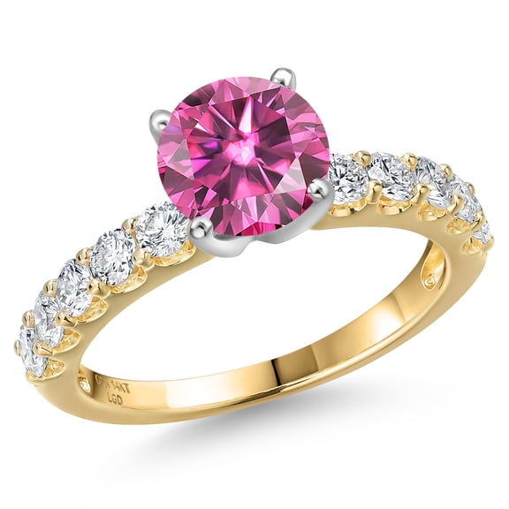 Gem Stone King 14K Two Tone Gold Pink Moissanite and Lab Grown Diamond Engagement Ring for Women | 1.85 Cttw | Round 7MM | Gemstone Birthstone | Size 8