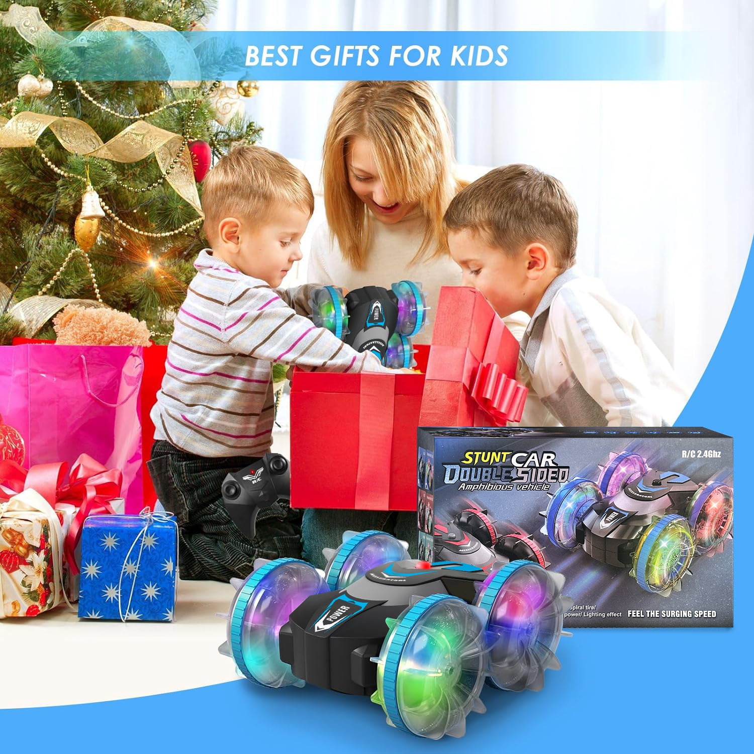 Remote Control Car, Amphibious 4WD RC Stunt Car, Waterproof RC Car 360° Flips Rotation 2.4GHz All Terrain RC Stunt Car with Lights for Boys Girls