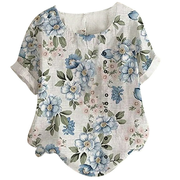 USSUMA T-Shirts for Women Trendy Floral Print Women's Shirts and Blouses Short Sleeve Female Tops Dressy Casual Summer Linen Cotton Comfy Round Neck Plus Tunics Beach