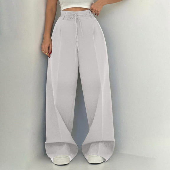 PiGOGI Women's Casual Wide Leg Pants - High Waisted Fashionable Trousers, Versatile Solid Color Long Pants for Daily Wear White XL