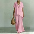 thumbnail image 2 of Women's Linen-Blend Short Sleeve Asymmetric Tunic & Wide Leg Pants 2-Piece Set Casual Summer Daily Vacation Outfit Trendy Going Out Suits for Womens Pink XL, 2 of 6
