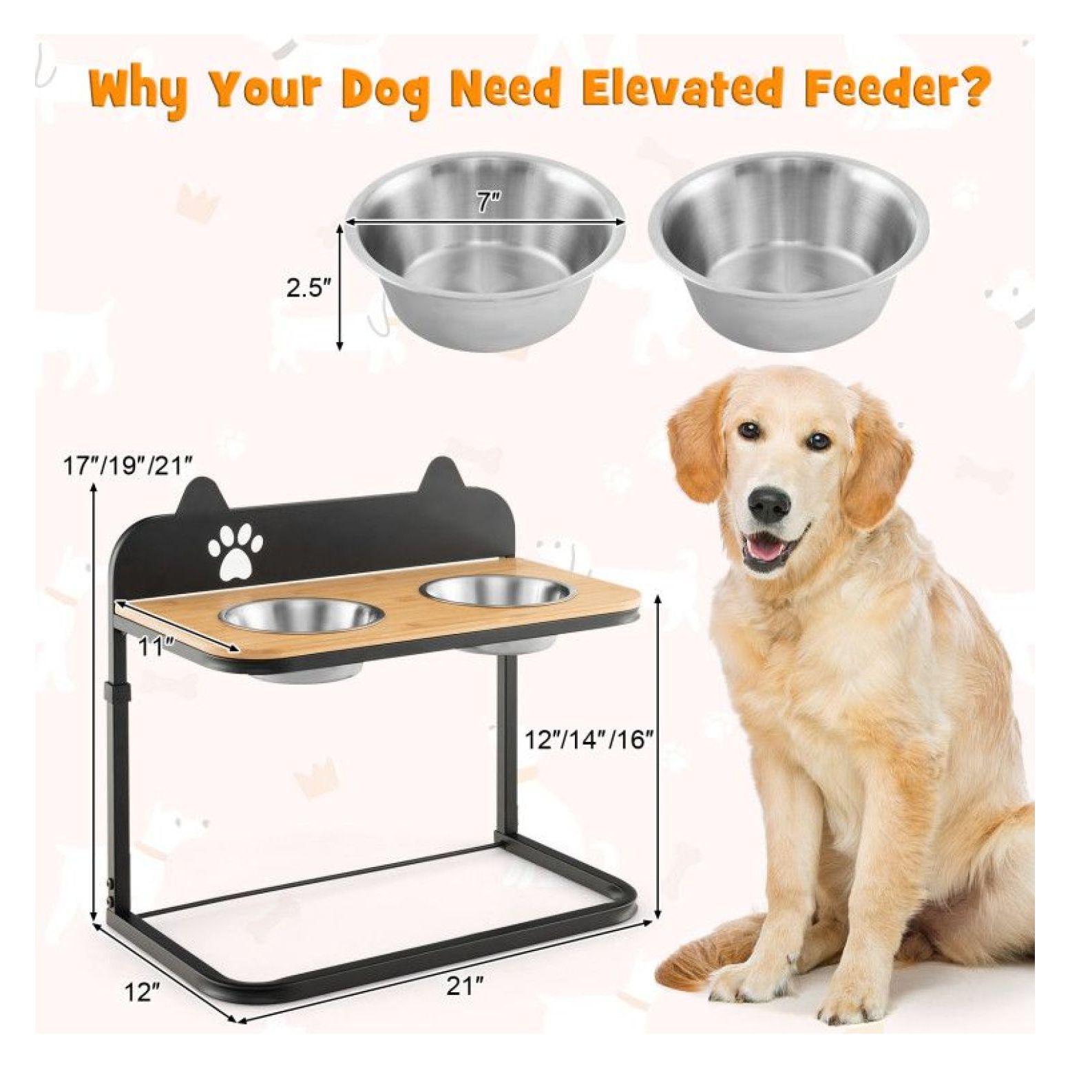 Elevated Dog Bowls with Stand - 2 Stainless Steel Bowls - Adjustable Height - Bamboo Tabletop - for Medium & Large Dogs - Pet Feeder