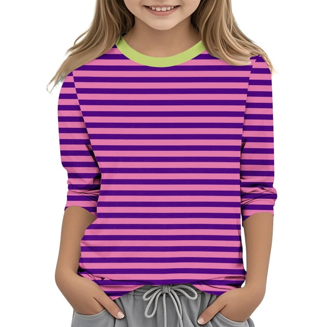 Dealovy Chemises à Manches 3/4 pour Filles Été Col Rond Rayé Habillé Décontracté Imprimé Ample Tunique Confortable