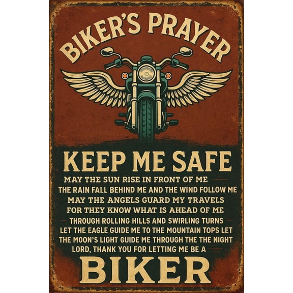 Vintage Biker's Prayer Metal Wall Sign, Rustic Brown, Tin, 8x12 Inch, Motorcycle Themed Inspirational Decor for Home, Bar, Garage