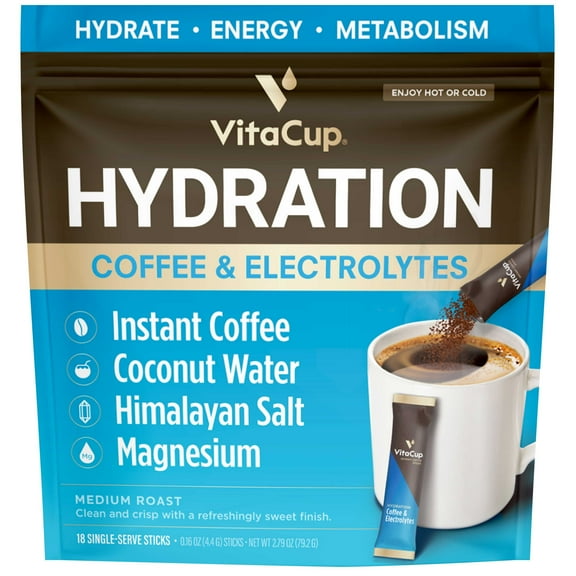 VitaCup Hydration Instant Coffee Packets for Electrolyte Drink Mix, 18 Ct