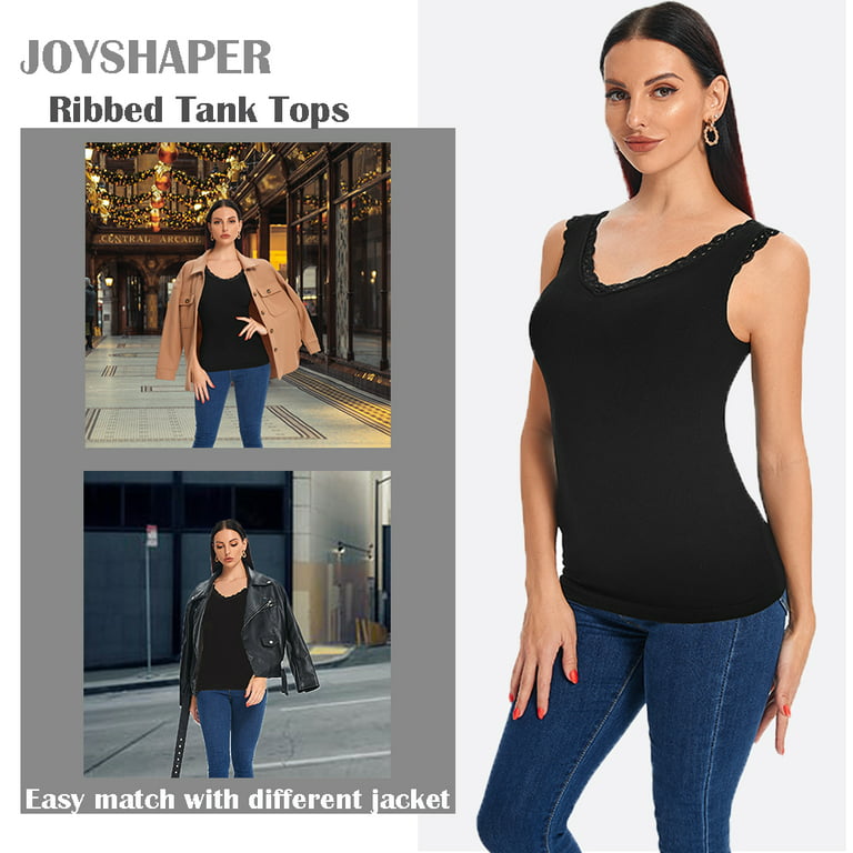 Joyshaper Women Fleece Lined Underwear Tops Cotton Thermal Lingerie Built  in Bra Padded Lace Cami Tank Beige XL 