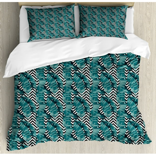 Tropical Duvet Cover Set Queen Size, Dark Teal And Grey Bedding Sets