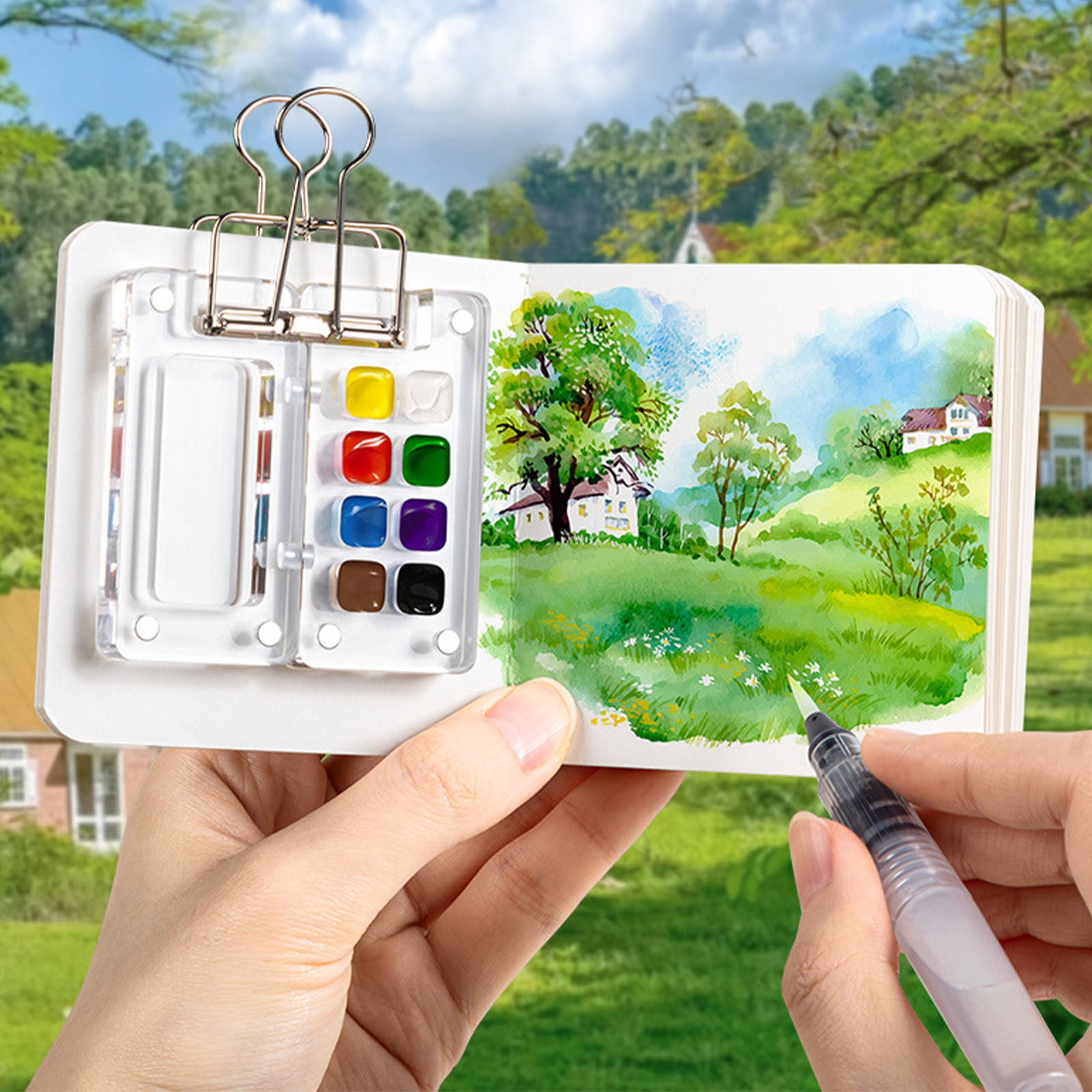 Acrylic Portable Palette with Clip, 8 Grids Portable Palette Watercolor Pocket Wooden Paint Palette Mini Travel Paint Tray Box for Watercolor, Gouache (Pigment Not Included)