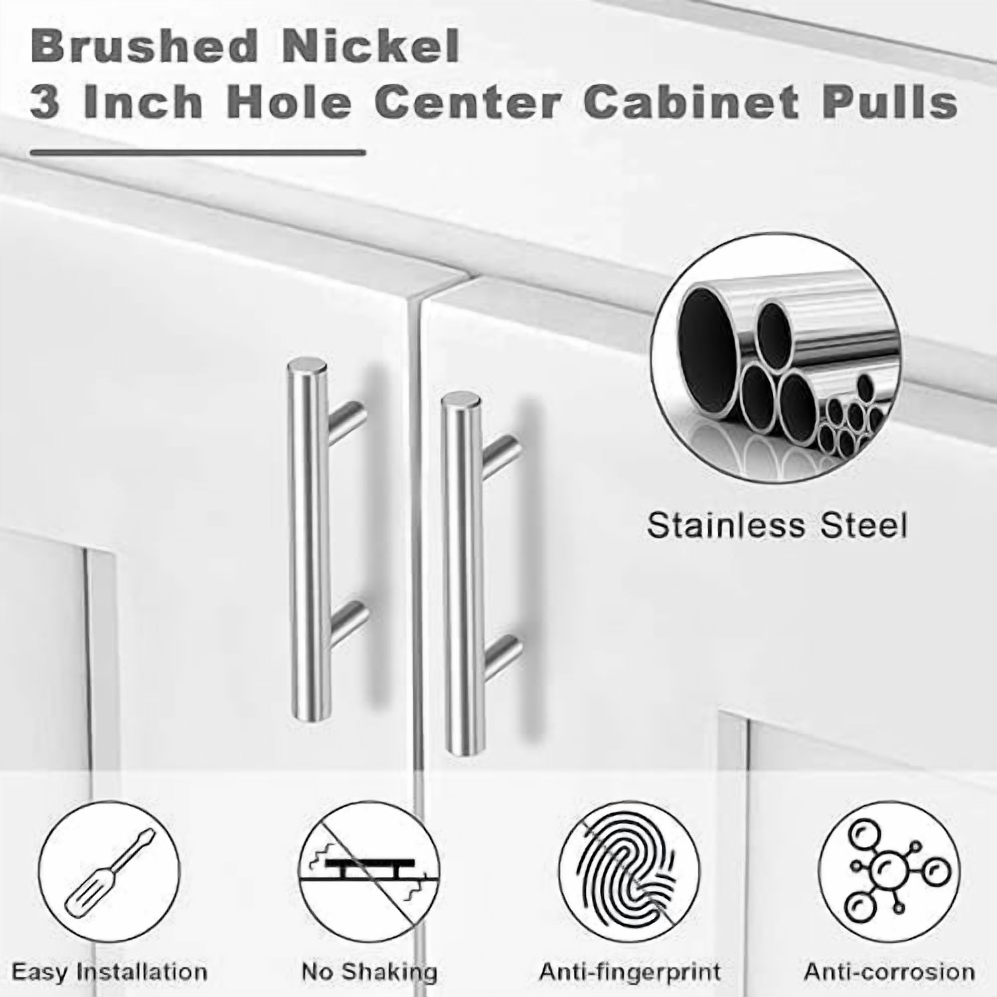 30 Pack Brushed Nickel Cabinet Handles 3 Inch Hole Center Drawer Pulls Stainless Steel Cabinet Pulls Silver Kitchen Handles Cabinet Hardware for Drawers, Cupboards - 5" Length,
