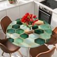 thumbnail image 2 of Geometric Pattern Round Fitted Table Cover Green Brown Hexagon Collage Art Waterproof Table Cloth with Elastic Edge Wipeable Tablecloth for Picnic Camping Party Fits 36"-44" Diameter, 2 of 8