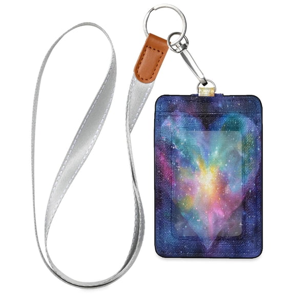 PU Leather Badge Holder ID Badge Holder with Lanyard for Cards & Credentials Heart with Galaxy Background