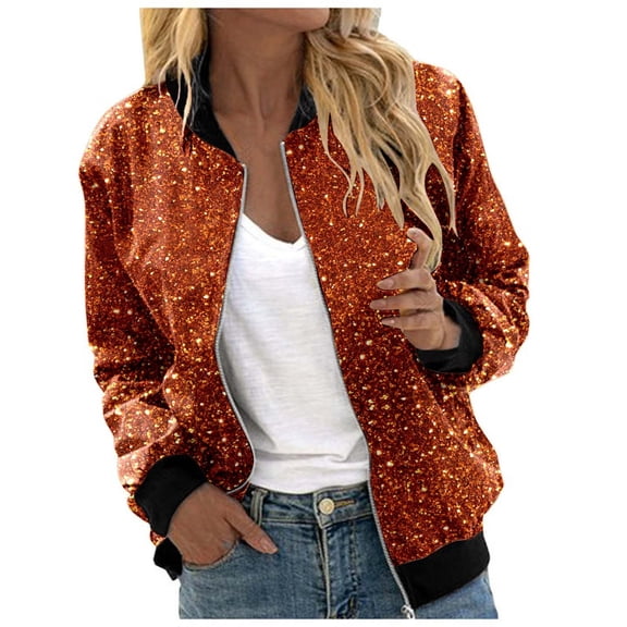 Wxolcjlv Women's Bomber Jackets Dot Glitter All Over Pattern Full Zip Outerwear Retro Winter Clothes