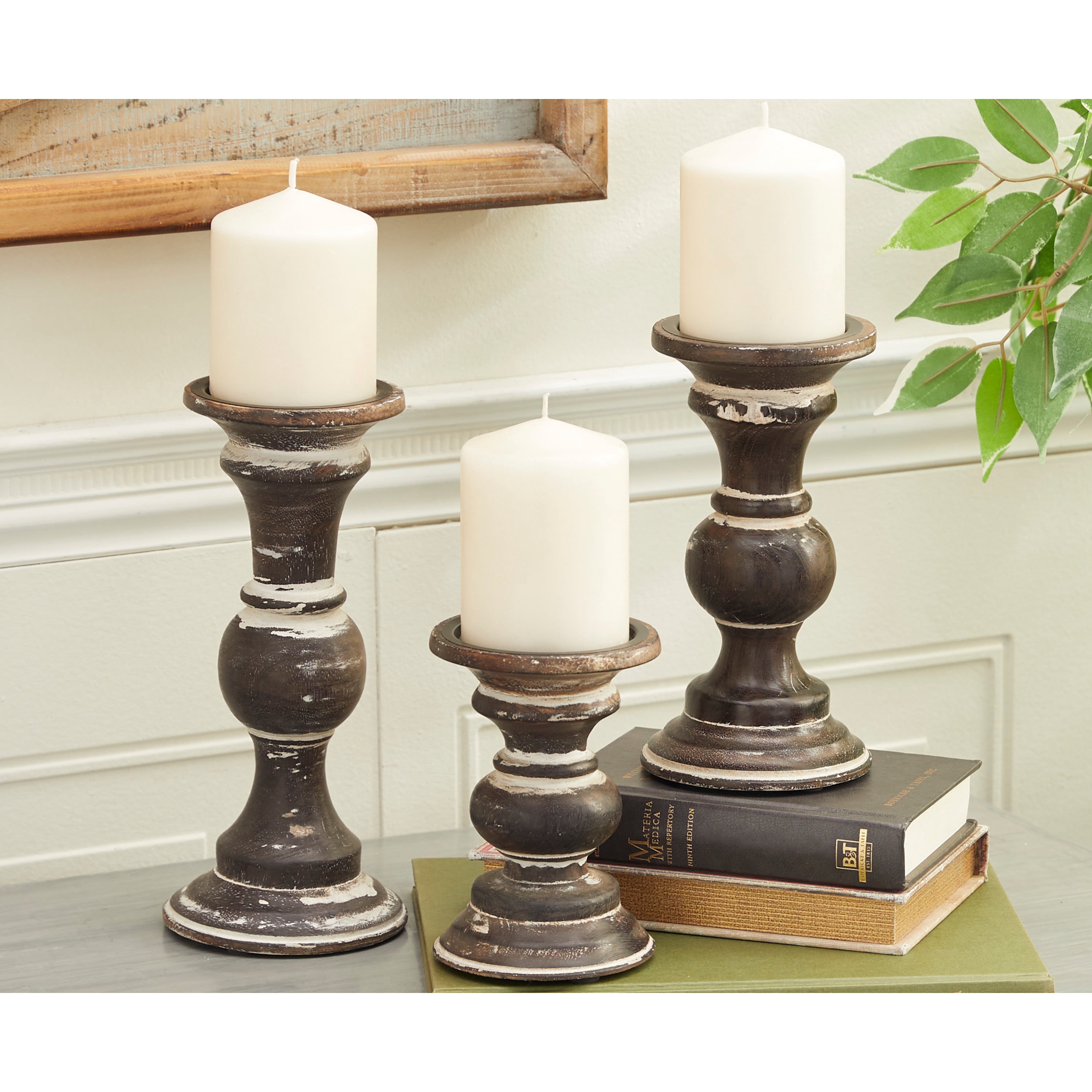 DecMode 3 Candle Dark Brown Wood Candle Holder, Set of 3