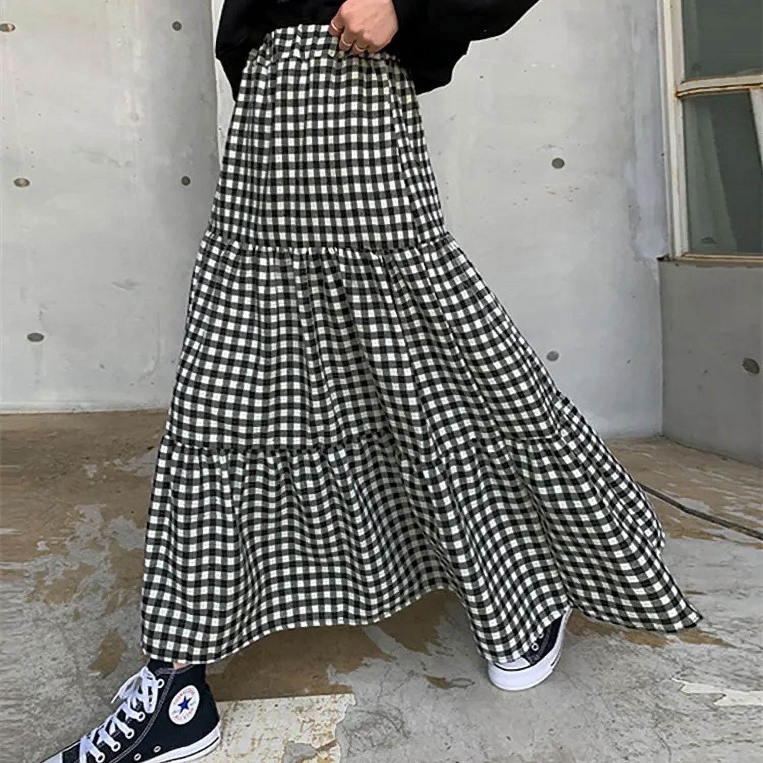 【ok.soon】 新品未使用⭐︎gingham check long skirt Maxi Gingham Skirt Women Ankle Length Cotton-linen Black