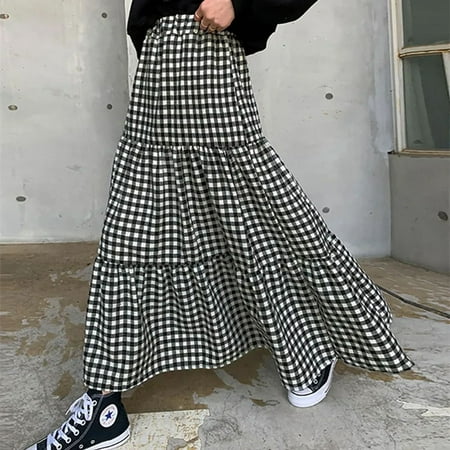 Maxi Gingham Skirt Women Ankle Length Cotton linen Black White Plaid Elastic Waist Tiered Pleated Long Skirt Ladies falds JIANGLANG Walmart