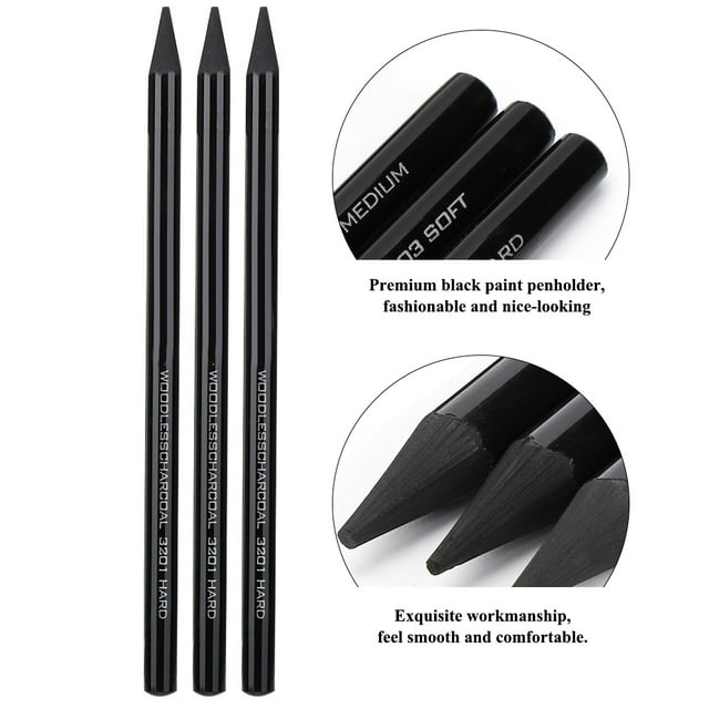 3pcs Pure Carbon Sketch Pencil Professional Hard/Medium/Soft Woodless Charcoal Pen Drawing Set