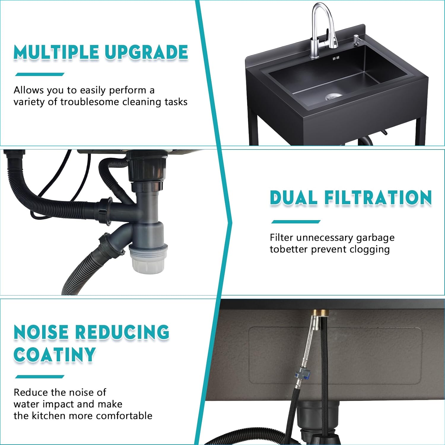 Gaonala 25.6in Stainless Steel Single Bowl Utility Sink Black Freestanding with Hoses Drain Kit for Bathroom Office