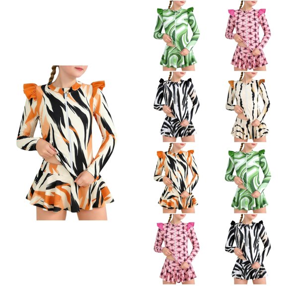 Agkizg Girls Long Sleeve Rashes Guard Set Stripe Print Training Top Swim Skirt Two Piece Swimwear Set