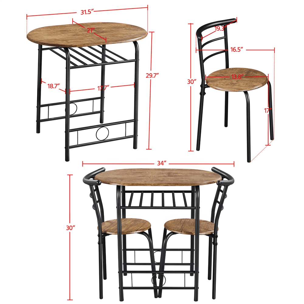 Alden Design 3 Piece Modern Round Dining Table Set with Steel Legs for Kitchens, Brown