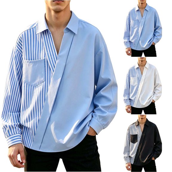 Men's Patchwork Striped Placket Shirts Vneck Button Down Long Sleeve Loose Fit Lightweight Breathable Clothes