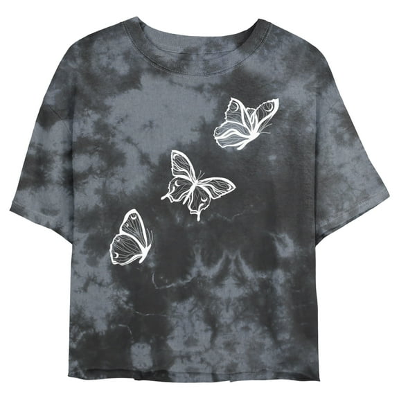 Junior's Lost Gods Flying Butterfly Outline Graphic Crop T-Shirt Black/Charcoal 2X Large