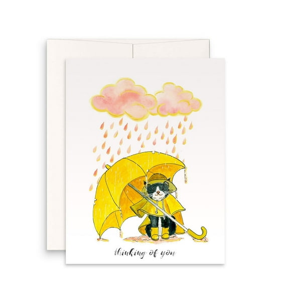 Thinking of You Cat Card – Adorable Black Cat Under Yellow Umbrella – Blank Inside – Perfect for Any Occasion – Envelope Included