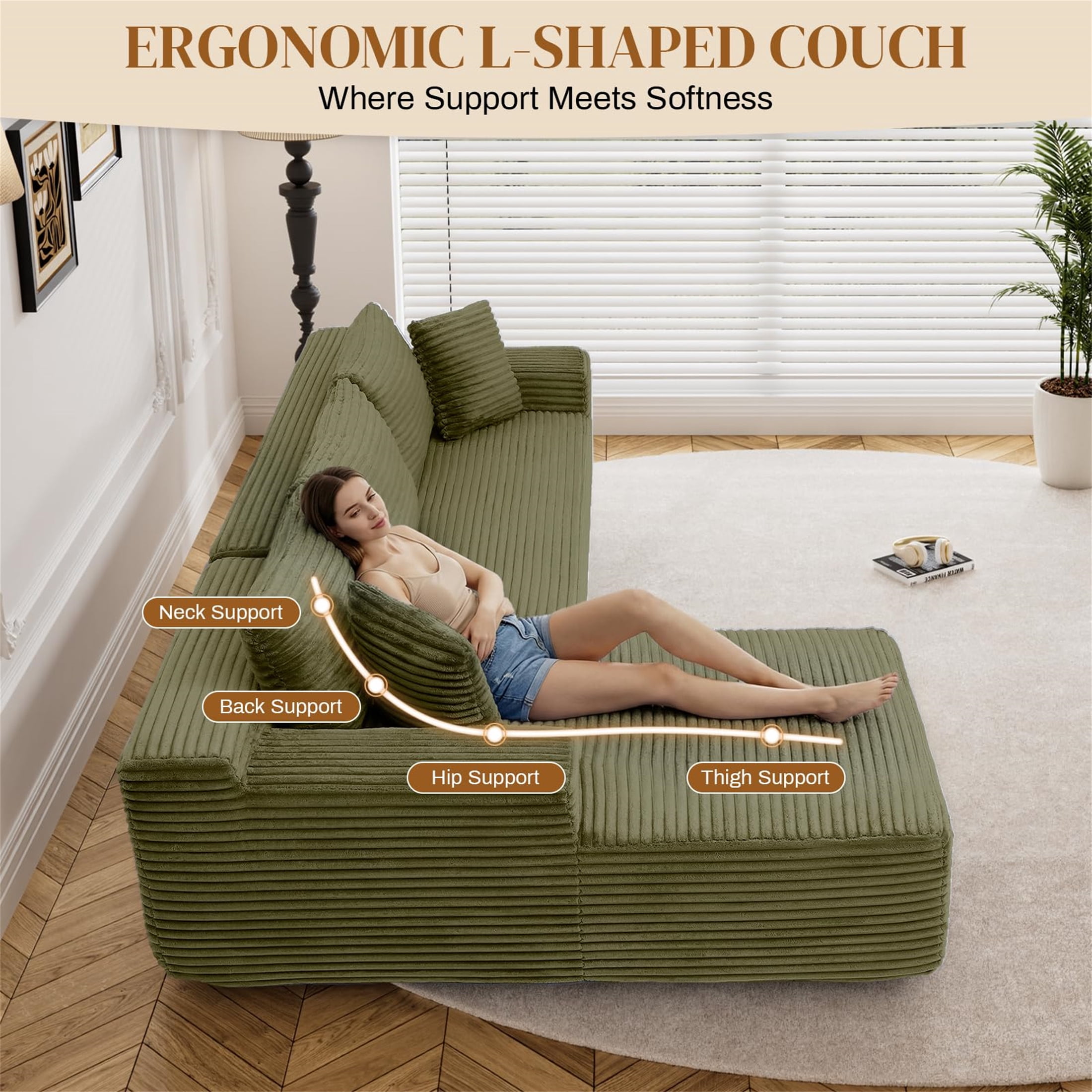 Aukfa 96" Cloud Sectional Sofa Deep Seat Boneless Couch Modular L-Shaped Couch, Left Chaise Corduroy Sofa for Living Room, Green