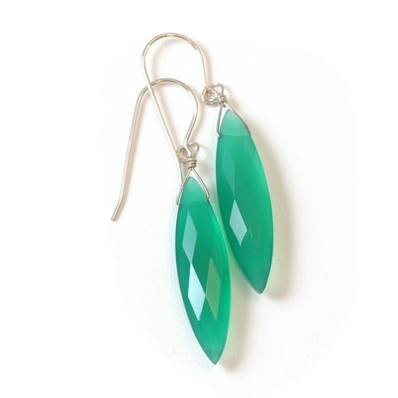 Sterling Silver Green Onyx Earrings Large Long Faceted Teardrops Simple Dangle Drops, 1.7" Designed for Adult Women