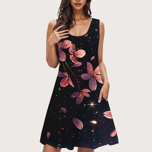 Camisón sin mangas con bolsillos y estampado para mujer, camisón de cuello redondo, vestido de poliéster para mujer