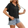 thumbnail image 4 of Besolor Women's Summer Tops with Hooded Buttons Short Sleeve T-Shirts Casual Drawstring Solid Color Dressy Blouses Tee, 4 of 5