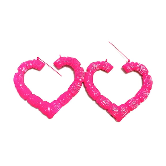 Bamboo Heart Hoop Earrings Hot Pink 3.5 inch