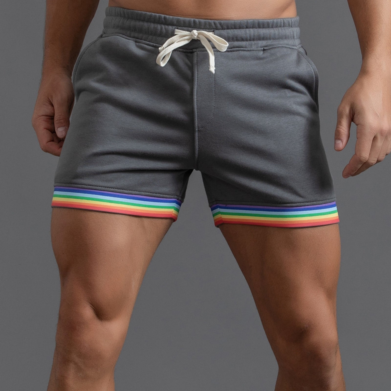 CHANGMOO Male Summer Solid Color Rainbow Pants Pocket Drawstring Loose Casual Sports Running Straight Shorts Beach Pants