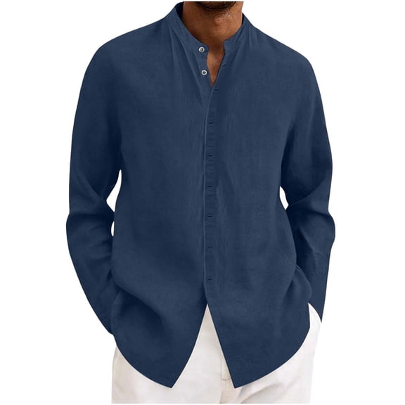 Fnooota Men's Casual Button Down Shirts, Business Stand-up Collar Cotton Linen Classic Long Sleeve Shirts Navy Size S-2XL