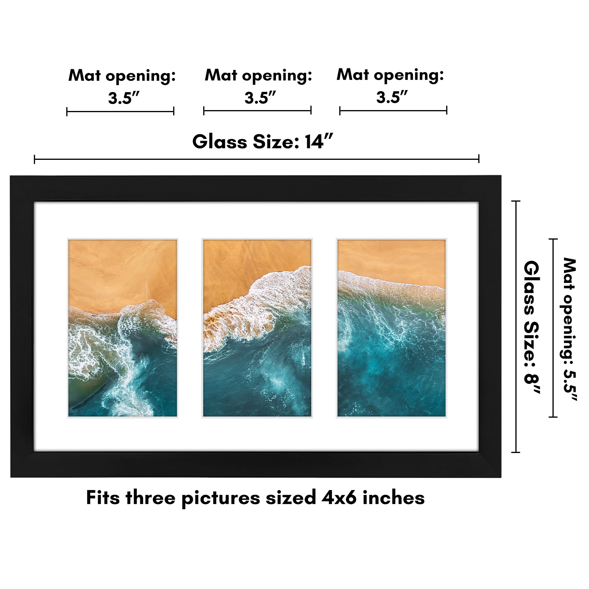 Americanflat 4x6 Picture Frame with Shatter-Resistant Glass Collage Fits 3 Use as One 8x14 Signature - Black