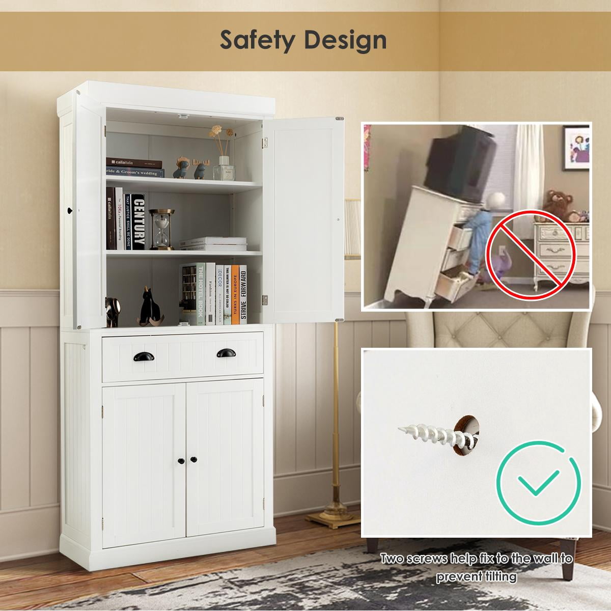 Giantex Kitchen Pantry Cabinet, Freestanding Adjustable Cabinet w/Doors for Dining Room, Living Room or Bedroom, White