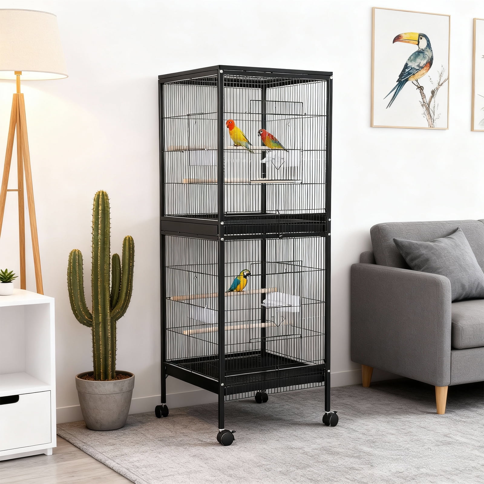 Small Bird Cage with Wheels, Parakeet Cage, Bird Carrier for Parakeets, Canaries, Lovebirds, Small Quaker, Cockatiels, Budgie, Green Cheek (55in)
