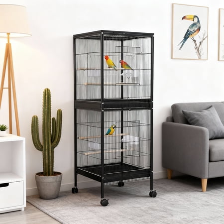 55 Inch Parrot Cage with Stackable Metal Design, 2-in-1 Bird Cage for Cockatiels, Parakeets, Canaries, Lovebirds, Budgies, Indoor Cage with Slide-Out Tray, Wooden Perches & Lockable Wheels