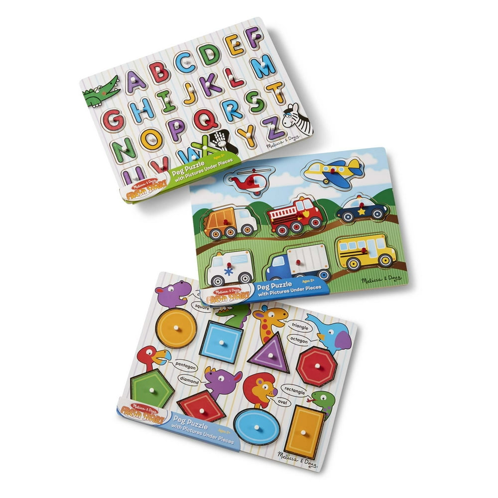 Melissa & Doug Wooden Peg Puzzles Set, Alphabet, Numbers, and Vehicles