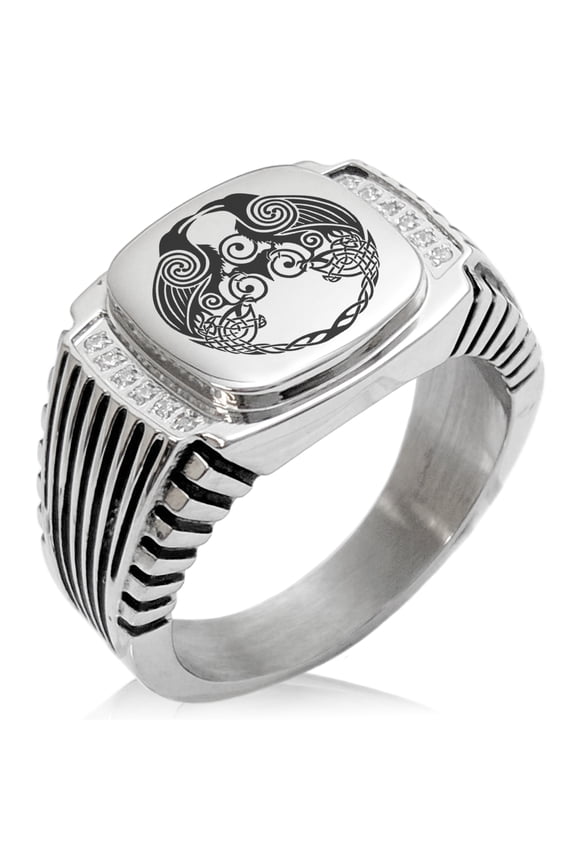 Stainless Steel Yggdrasil Huginn & Muninn Odin's Ravens CZ Ribbed Needle Stripe Pattern Biker Style Polished Ring