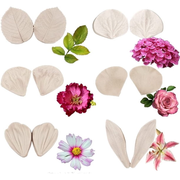Juego de 6 moldes de silicona con vetas de flores para pasta de goma, moldes de fondant con vetas de rosas, moldes de flores de peonía para pasta de goma, herramienta de decoración de pasteles con