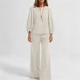 thumbnail image 6 of Womens Casual Two-Piece Outfit V-Neck Long Sleeve Top High Waist Straight Leg Pants with Pockets Cotton Linen Set White S(S), 6 of 6