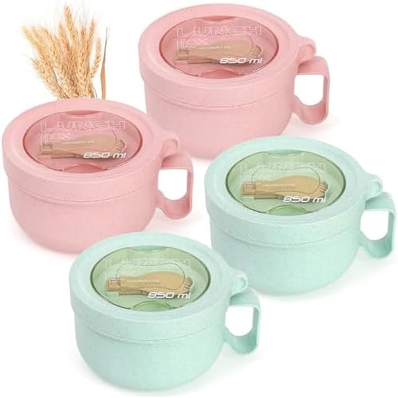 4 Pack Soup Mug Containers with Lids, 28 oz Microwavable Ramen Bowl Wheat Straw Noodle Soup Cups with Lid and Handle for Ramen Noodles, Soup, Beverages, Green, Pink$$Home Decor, Kitchen, & Other